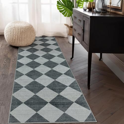 Checkered Print Hallway Rug 2x6, Ultra Thin Kitchen Rug Runner Non Slip Washable Carpet Runners for Hallway 6ft, Modern Diamond Stain Resistant Floor Carpet for Bathroom Bedroom Entryway