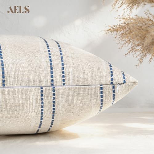 AELS 18x18 Decorative Farmhouse Linen Blend Throw Pillow Covers, Boho Textured Pillow Case, Set of 2,Beige with White & Navy Blue Stitch Yarn Dyed Stripe Cushion Cover for Sofa Living Room(Cover ONLY)
