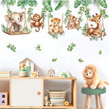 wondever Jungle Animal on Swings Wall Stickers Baby Lion Elephant Giraffe Tropical Leaves Peel and Stick Wall Art Decals for Children Nursery Kids Bedroom Living Room
