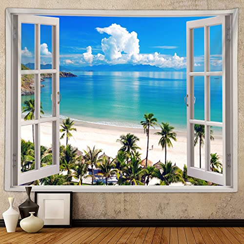 Ocean Beach Tapestry, Hawaii Sea Nature Fake Faux Window Art Tapestries Wall Hanging For Bedroom College Dorm Living Tropical Summer Room Office Decor 60X40" Aesthetic Poster