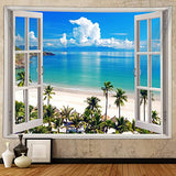 Ocean Beach Tapestry, Hawaii Sea Nature Fake Faux Window Art Tapestries Wall Hanging For Bedroom College Dorm Living Tropical Summer Room Office Decor 60X40" Aesthetic Poster