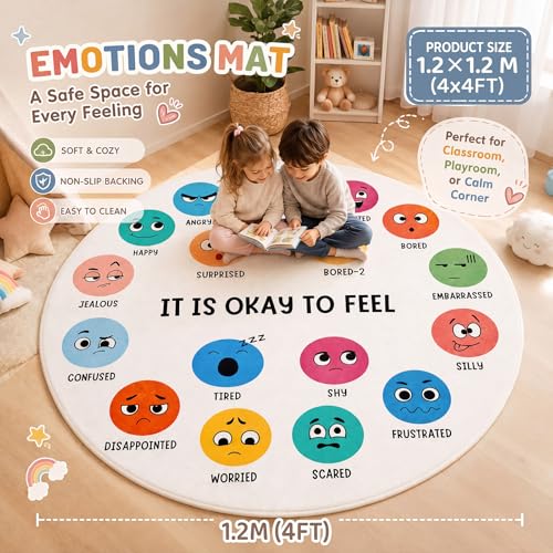 Breling 4ft Round Calming Corner Classroom Rug Feelings Chart Emotion Mat for Kids Large Soft Washable Non Slip Sensory Carpet for Reading Nook Preschool Homeschool Playroom Sel Learning Area