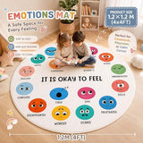 Breling 4ft Round Calming Corner Classroom Rug Feelings Chart Emotion Mat for Kids Large Soft Washable Non Slip Sensory Carpet for Reading Nook Preschool Homeschool Playroom Sel Learning Area