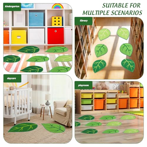 JarThenaAMCS 12 Pcs Green Leaf Classroom Carpet Kids Sitting Floor Seats Back to School Mats Non-Slip 3 Colors Leaf Rugs for Group Activity Learning Play Areas, 13.5 x 16 Inch