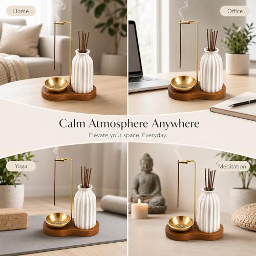 2 in 1 Incense Holder for Sticks with Ash Catcher for Meditation | Incense Burner Holder with Wood Base, Ceramic Vase Storage & Metal Ash Catcher Hang Upside for Meditation Home Room Decor