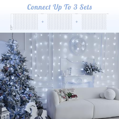 HEYFUNi 304 LED Curtain Lights Outdoor, 9.8Ft*9.8Ft Hanging String Lights Plug in with 8 Modes, Connectable Curtain Fairy Lights for Bedroom, Dorm, Christmas, Wall, Backdrop, Wedding Decor, White
