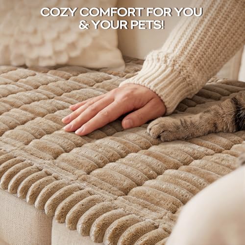 decorUhome Non-Slip Fuzzy Couch Cover for Dogs, Soft Thick Washable Pet-Friendly Protector, Sofa Slipcover for 2 Cushion Sofa/Loveseat, Khaki, 27.6" x 59"