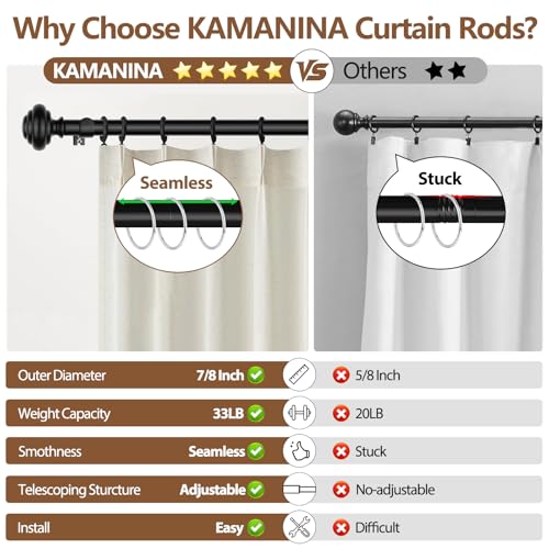 KAMANINA Black Curtain Rods for Windows 72 to 144 Inches (6-12ft) Long Heavy Duty Curtain Rods, 7/8 Inch Adjustable Decorative Drapery Rods Set with Modern Finials