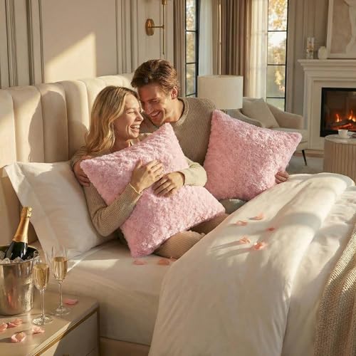 FUTEI Pack of 2 Solid Throw Pillow Covers 18x18 Inch Soft Rose Swirl Textured Decorative Cushion Case Modern Farmhouse Accent Decor for Couch Bed Living Room, Pink
