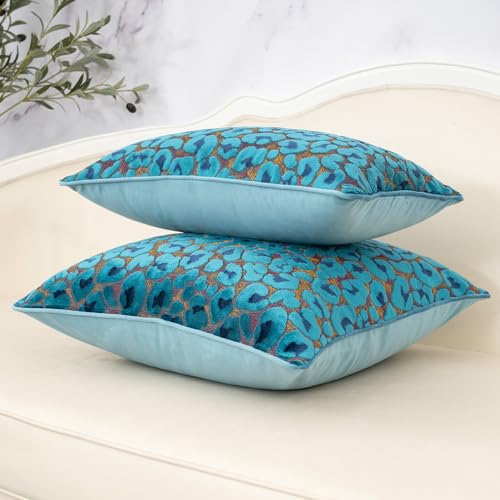 Alerfa Blue Floral Throw Pillow Cover 18 x 18 Inch Cut Velvet Sqaure Luxury Decorative Pillow Cover for Couch Living Room Bedroom