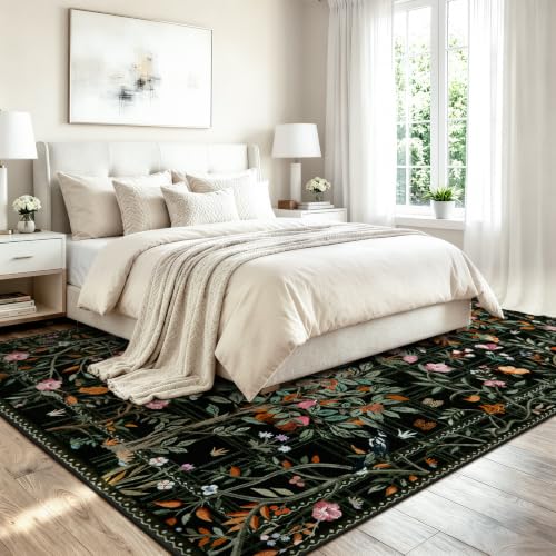 Black Boho 8x10 Area Rugs for Living Room, Washable Large Floral Rug Non Slip, Soft Flower Birds Low-Pile Floor Indoor Throw Carpet for Bedroom Dining Room Dorm Playroom Foyer