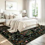 Black Boho 8x10 Area Rugs for Living Room, Washable Large Floral Rug Non Slip, Soft Flower Birds Low-Pile Floor Indoor Throw Carpet for Bedroom Dining Room Dorm Playroom Foyer