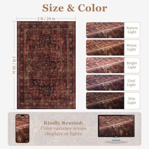 Washable Small Area Rug 2'x3', Vintage Medallion, Dark Red