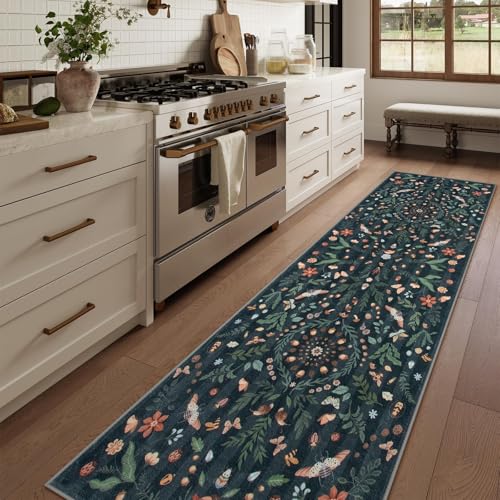 Lahome Washable Insect Botanical 2'6"x10' Runner Rug for Entryway - Machine Washable Non-Slip Hallway Runner Rug, Black Boho Low Profile Soft Faux Wool Carpets for Bedroom, Hallway, Laundry, Kitchen