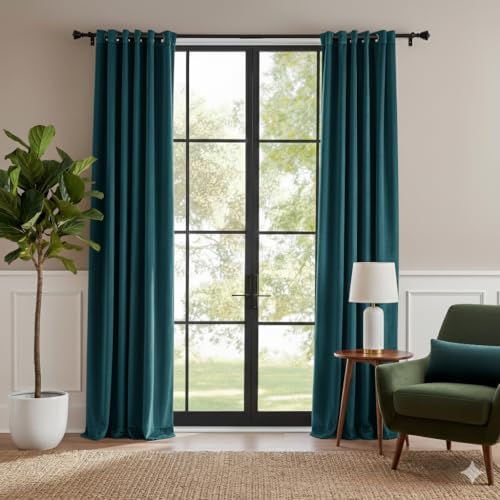 RYB HOME Teal Blue Velvet Curtains 84 inch Length 2 Panels Set, Blackout Velvet Curtains Drapes for Light & Draft Block Holiday Decor for Bedroom Living Room Guest Room, Peacock Blue, W52 x L84 inches