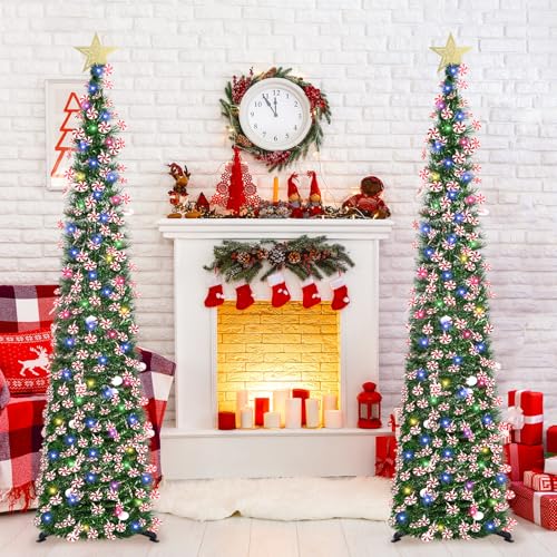 6 FT Pop Up Christmas Tree with 100 LED Timer Lights & Remote, Green Collapsible Christmas Tinsel Tree Artificial Pencil Tree Xmas Decoration for Holiday Home Office Party, USB Powered