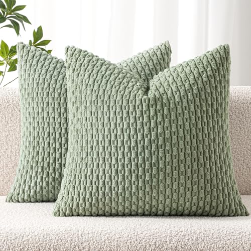 MIULEE Pack of 2 Decorative Throw Pillow Covers 18x18 Inch Soft Boho Striped Textured Corduroy Pillow Covers Spring Modern Farmhouse Home Decor for Couch Bed Sofa Living Room Sage Green