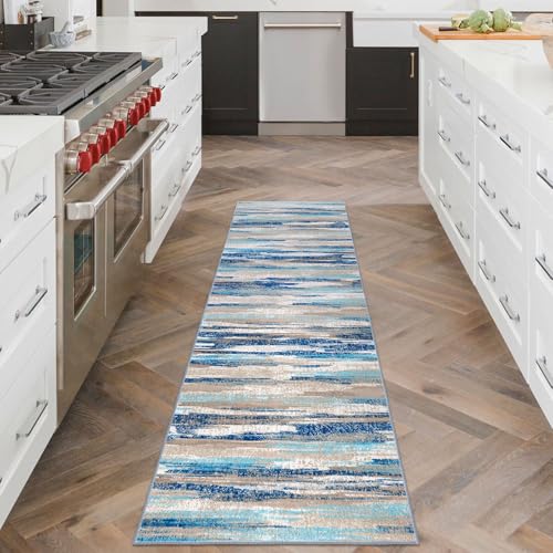 Lansny Abstract Runner Rug 2x6, Blue Washable Hallway Runner Rug Non-Slip, Soft Printed Kitchen Runner, Thin Faux Wool Runners for Hallways, Modern Floor Carpet for Entryway Bedroom Hall Indoor