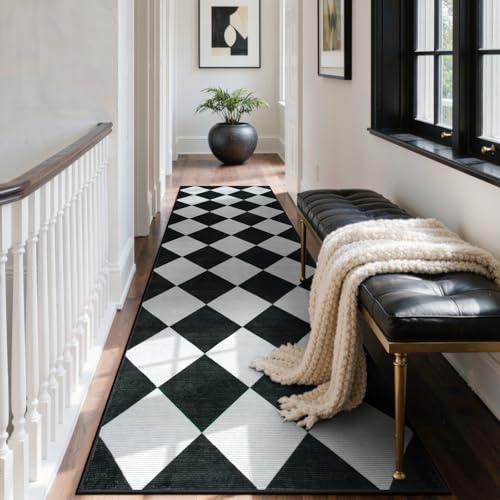 Checkered Print Runners for Hallways 2.5x8, Ultra Thin Black Kitchen Runners Non Skid Washable 8 ft, Modern Diamond Stain Resistant Low Pile Carpet for Bathroom Entryway Bedroom Laundry