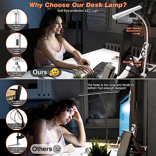 Airlonv LED Desk Lamp for Office Home, Eye-Caring Desk Light with Stepless Dimming Adjustable Flexible Gooseneck, 10W USB Adapter Desk Lamp with Clamp for Reading, Study, Workbench (White)