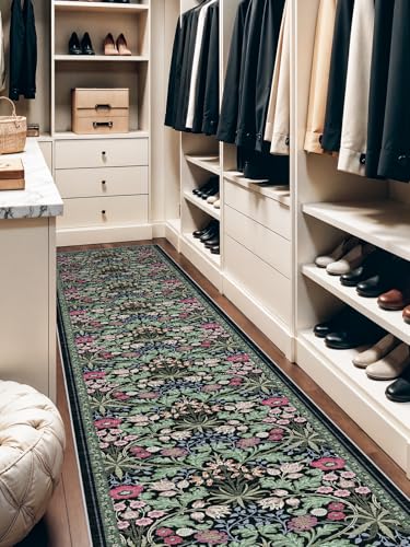 2x8 Washable Runner Rug for Kitchen: Non-Slip Floral Carpet Runners Boho Indoor Rugs for Entryway Hallways - Botanical Soft Low Pile Long Mats for Floor Bedroom Laundry 2x8 Dark Green