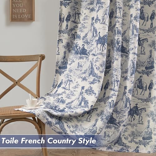 DriftAway 100% Blackout Toile Linen Curtains for Bedroom Double Layer Farmhouse French Country Vintage Printed Pattern Thermal Sound Lined Back Tab Living Room Drapes 84 inch Length 2 Panels Navy