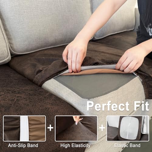 ANARACHON Leather Look Couch Cushion Covers Sofa Seat Slipcovers Sets Couches Furniture Protector for Sectional Armchair Loveseat Pets Kids Stretch Spandex Fabric(3 Cushion Sofa, Brown)