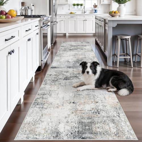 3x12 Runner Rug Non Slip: Washable Abstract Long Rugs for Hallway Blue Grey