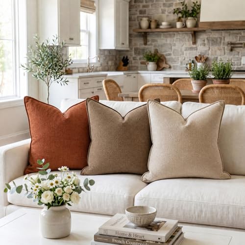 Fancy Homi Set of 2 Taupe 18x18 Inch Soft Chenille Decorative Throw Pillow Covers with Flange Edge, Square Neutral Modern Boho Textured Cushion Case Home Decor for Couch Sofa Bed Living Room