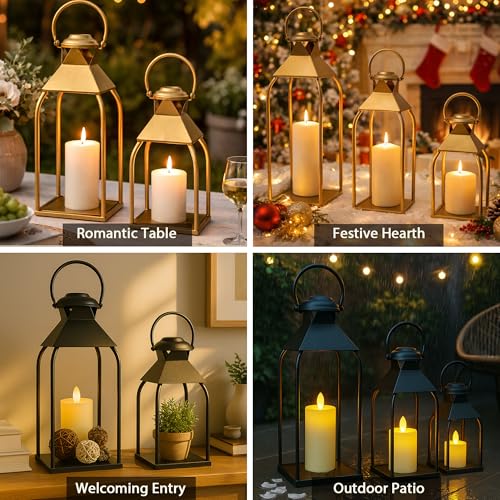 Decorative Metal Lanterns Indoor Outdoor, Candle Holder for Porch, Patio, Fireplace, Floor, Wedding, Christmas, Fall, Holiday, Farmhouse Table Centerpiece (Antique Gold, Set of 3 20" 15.7" 12")
