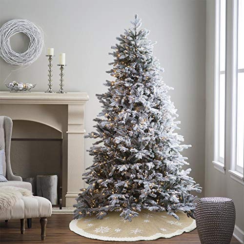 AerWo 48inch Christmas Tree Skirt with White Snowflake, Burlap Tree Skirt with Fur Sides Farmhouse Christmas Tree Skirts for Xmas Decor Festive Holiday Decorations Indoor Outdoor