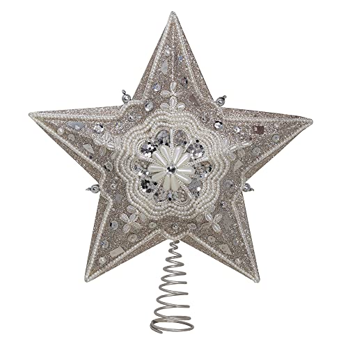Kurt Adler Star Treetop with Ivory Pearls and Platinum Glass Glitter, 13.5-Inch