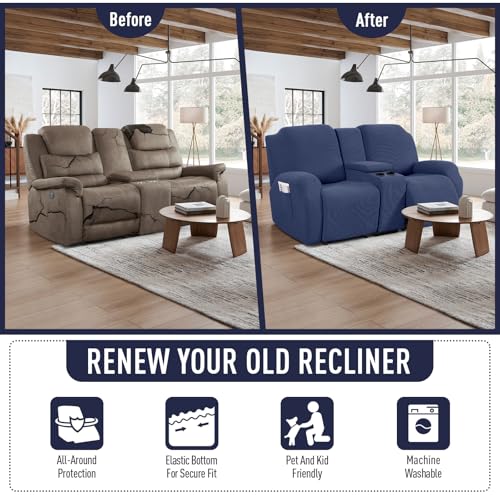 TAOCOCO Recliner Loveseat Cover with Middle Console & Recliner Sofa Covers for 3 Seat, Navy Blue