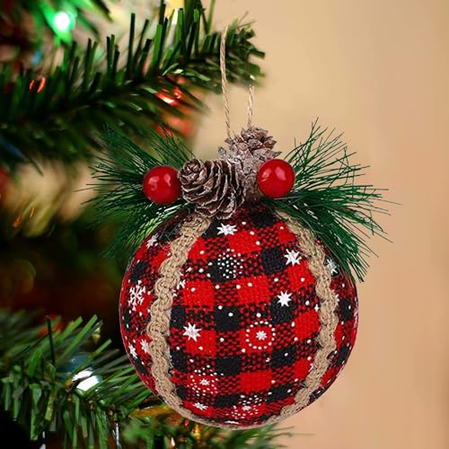 Iceyyyy 9PCS Christmas Plaid Ball Ornaments - 2 Inch Black & Red Buffalo Plaid Fabric Ball Ornaments with Pine Cones and Greenery, Plaid Christmas Tree Hanging Balls Ornament Festive Decoration