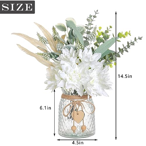 Faux Flowers with Vase,Artificial Silk Flowers in Vase, Fake Plant Eucalyptus and Willow,Flower Arrangement for Home Farmhouse kitchen Dining Table Centerpiece Decorations Coffee Table Decor (White)