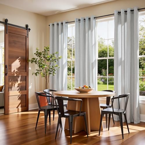 Vangao Linen Striped Curtains for Living Room Bedroom Farmhouse Tickingstripe Light Filtering Window Curtains Printed Drapes Grommet Top 2 Panels Blue W50 x L84 Inch