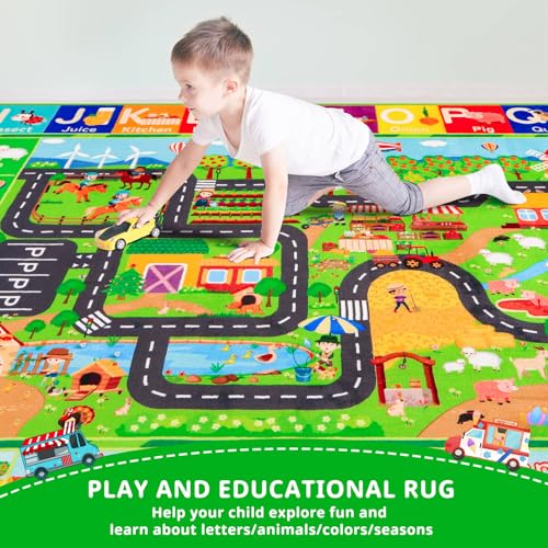 Kids Rug for Car Toy Farm Track View, Farm Life Road Traffic for Playroom Kids, Educational Play Mat for Toddlers Nursery Classroom (3-ABC Farm, S-59×39.4")