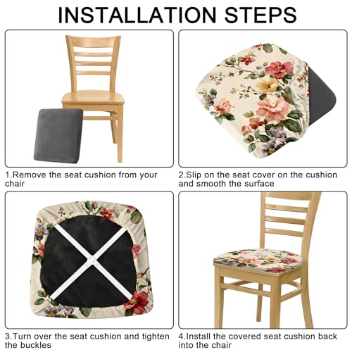 BVBOX Seat Covers Set of 4 for Dining Room Chairs Stretch Retro Flowers Style Dining Chair Covers Washable Removable Cushion Slipcovers Seat Protector (Spring Garden Floral, Set of 4)