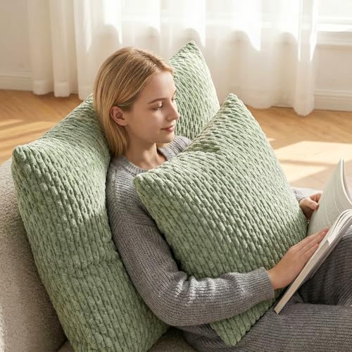 Kevin Textile 2 Packs Spring Decorative Throw Pillow Covers 18x18 Inch for Living Room Couch Bed Spring Sofa Soft Striped Corduroy Square Cushion Case 45x45 cm Farmhouse Boho Home Decor Sage Green