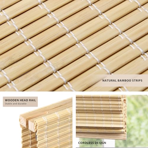 LazBlinds No Tools No Drill Cordless Bamboo Roman Shades, Privacy Room Darkening Window Treatment, Roll Up Bamboo Blinds for Window 26'' W x 64'' H, DP-Natural
