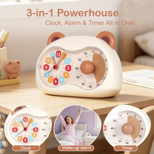 3-in-1 Alarm Clock Timer for Kids Visual Timer Dual-Screen | Analog Clock Silent Non Ticking, Pomodoro Time Management Tools, Decor Bedrooms Kids Rooms（Battery Operated)