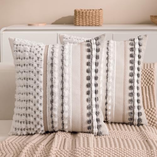 Boho Chenille Tufted Couch Throw Pillow Covers 18x18 Inch Set of 2 Farmhouse Striped Decorative Pillow Covers Accent Neutral Square Pillowcase Grey Cushion Covers for Livingroom Sofa Bed