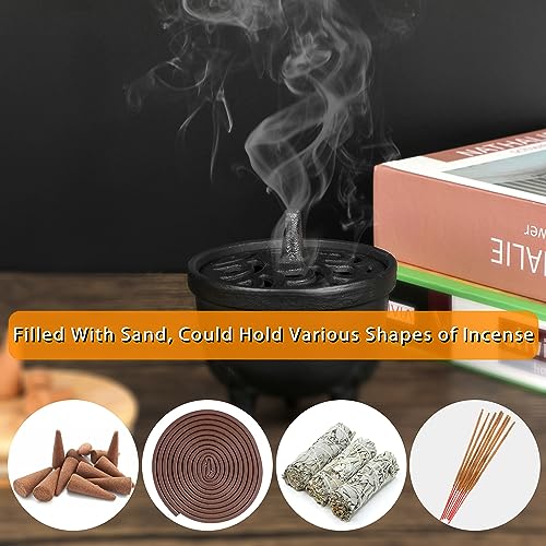 JUXYES Vintage Tripod Incense Burner Holder with Lid, Cast Iron Incense Holder Metal Cauldron Censer Antique Cone Coil Incense Burner Holder for Incense Resins, Cones, Charcoal or Wax Melts