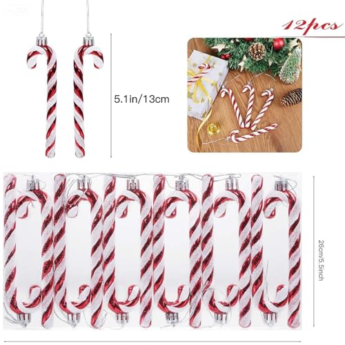 GWHOLE 12 Pcs Candy Cane Christmas Decorations, Red and White Candy Cane Decoration Christmas Hanging Ornaments for Christmas Tree Xmaxs Holiday Party Supplies Decoration Favors