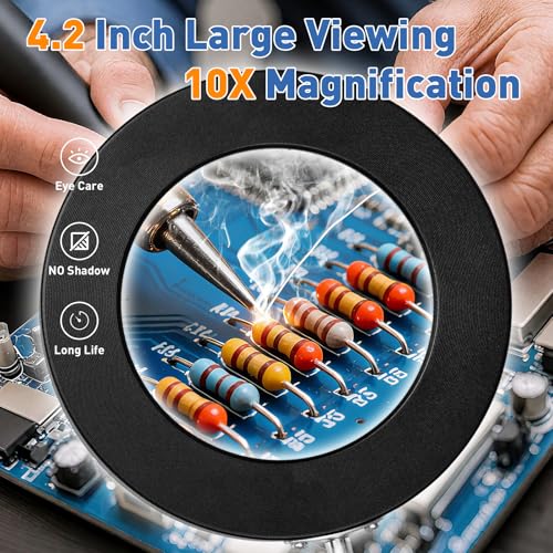 HITTI 10X Magnifying Glass with Light, 1,800 Lumens Stepless Dimmable, 3 Color Modes, 4.2″ Real Glass Lens LED Desk Lamp & Clamp, Magnifier Light and Stand for Crafts, Soldering, Fly Tying, Close Work