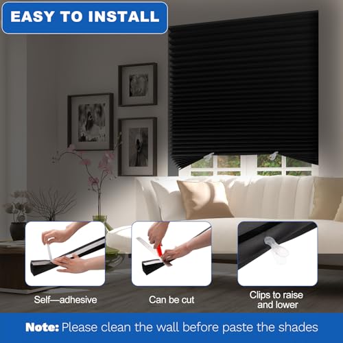 Blackout Paper Window Blinds 36" x 72" - 6 Pack Temporary Cordless Stick On Self-Adhesive No Drill Shades, Darkening Pleated Cover for Bedroom, Kitchen, Patio Door (Black, 100% Paper Material)