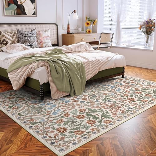 5x8 Washable Area Rug Cream Boho Floral for Living Room Bedroom Nursery