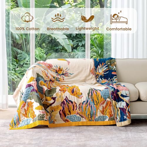 MSGKV Boho Throw Blanket for Couch and Sofa 50"x60" Cotton Throw Cover for Living Room with Floral and Butterfly, Summer Breathable&Lightweight Blanket