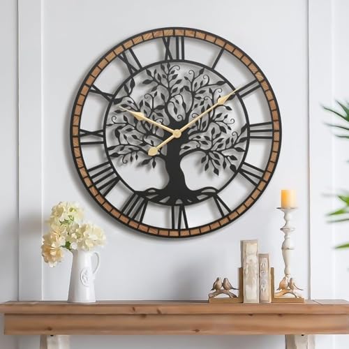 Micasso Battery Operated Wall Clock: 30 Inch Farmhouse Tree of Life Metal with Wood Frame - Rustic Bold Roman Numerals Wall Clocks for Home Office/Living Room/Bedroom - Home Decor for Housewife