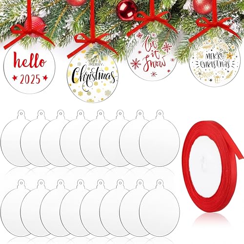 Blulu 42 Pcs Acrylic Ornament Blanks Clear Round Ornaments Flat Christmas Bauble Hanging Ornament with Hole Ribbon Acrylic Circle Discs for DIY Crafts Xmas Tree Decoration(4 Inch)